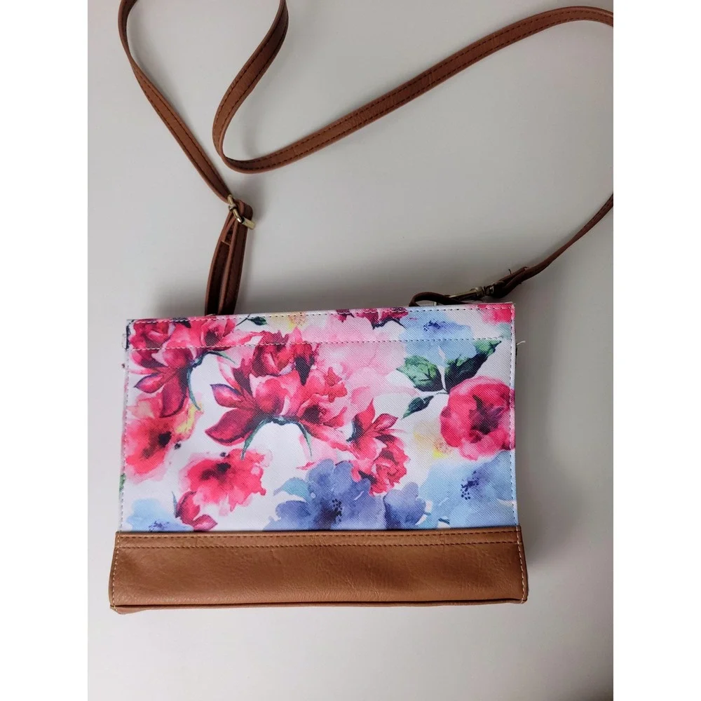 Bueno Floral Crossbody Bag Pink Blue Watercolor Flower Print Tan Faux Leather